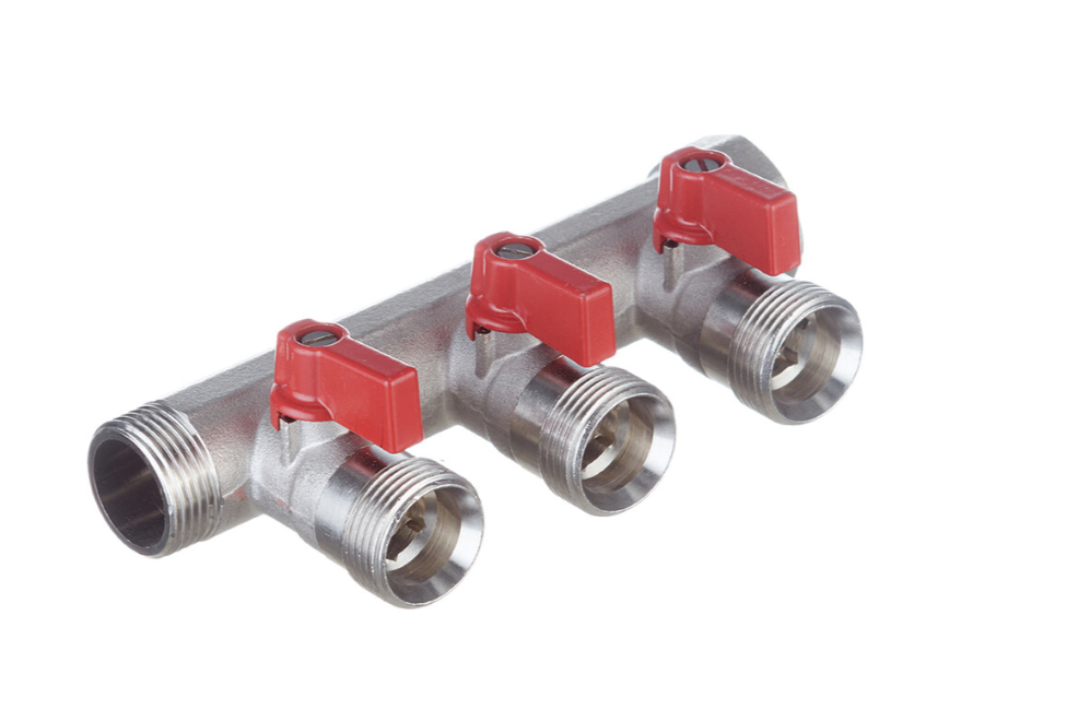 Коллектор 3/4" с красными шар.кранами, 3/4"НР под евроконус, 3/4" -...