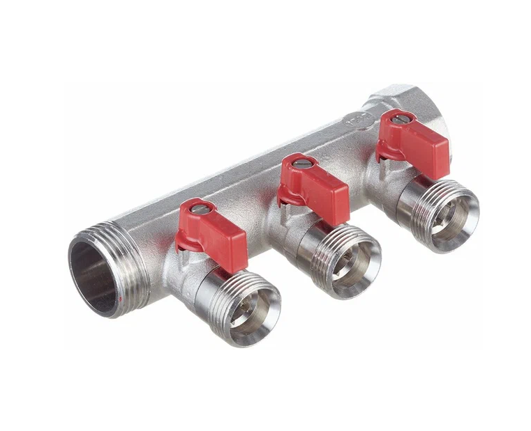 Коллектор 1" с красными шар.кранами, 3/4"НР под евроконус, 1" - 3xEK14,16,18,20