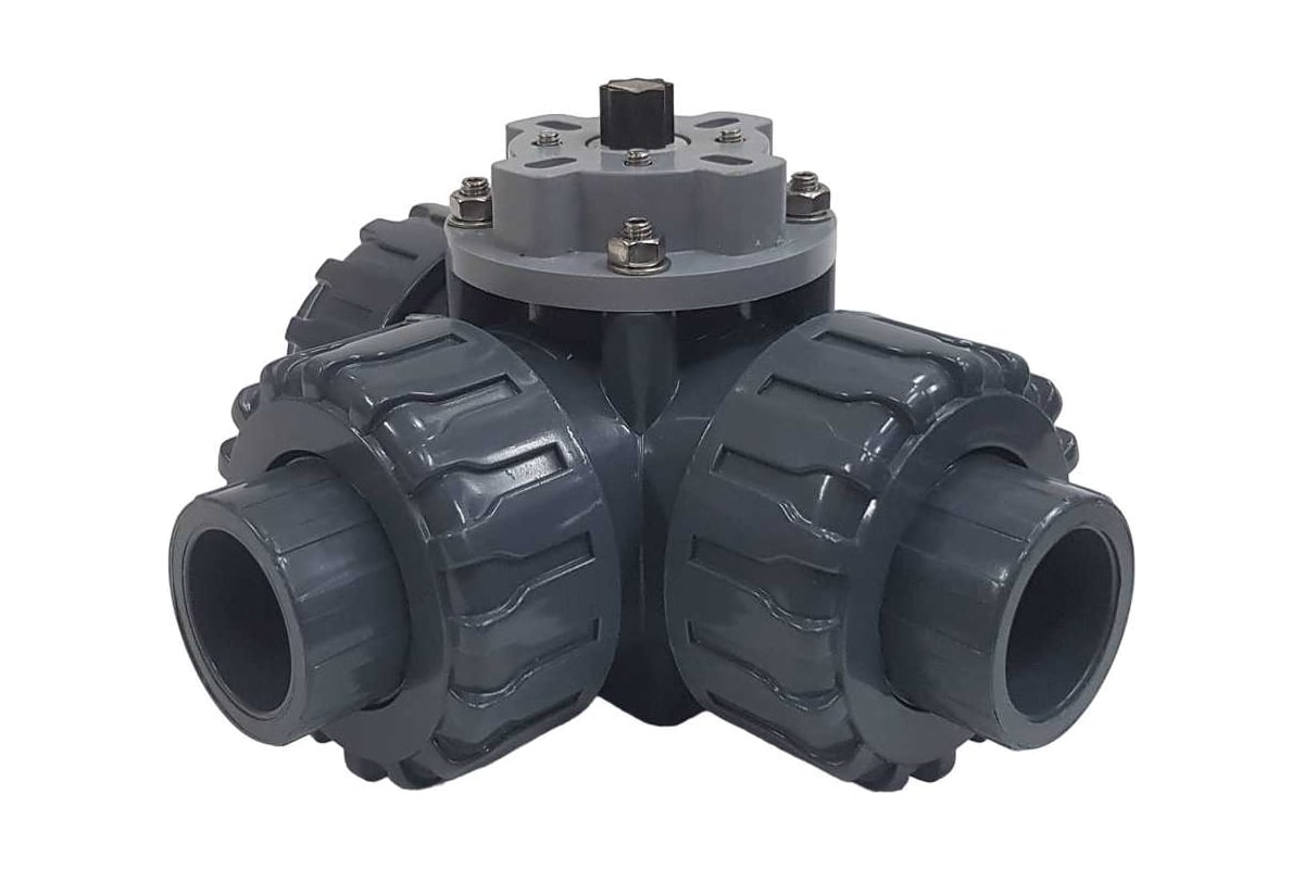 Трехходовой шаровой кран TECHNO 3032T-PVC ПВХ под привод DN32, рабо...