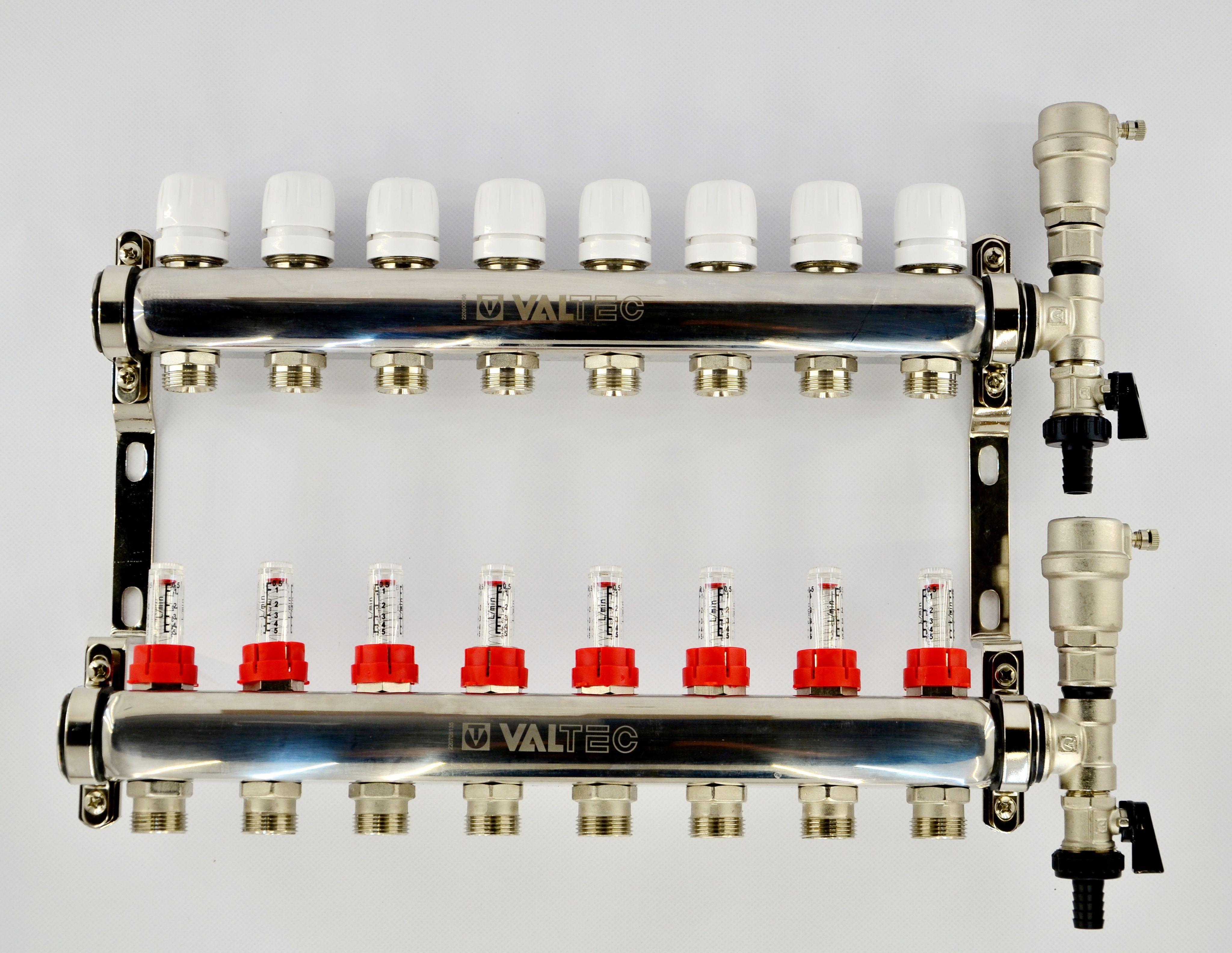 Коллекторный блок VALTEC, из нержавеющей стали с регулирующими клап...