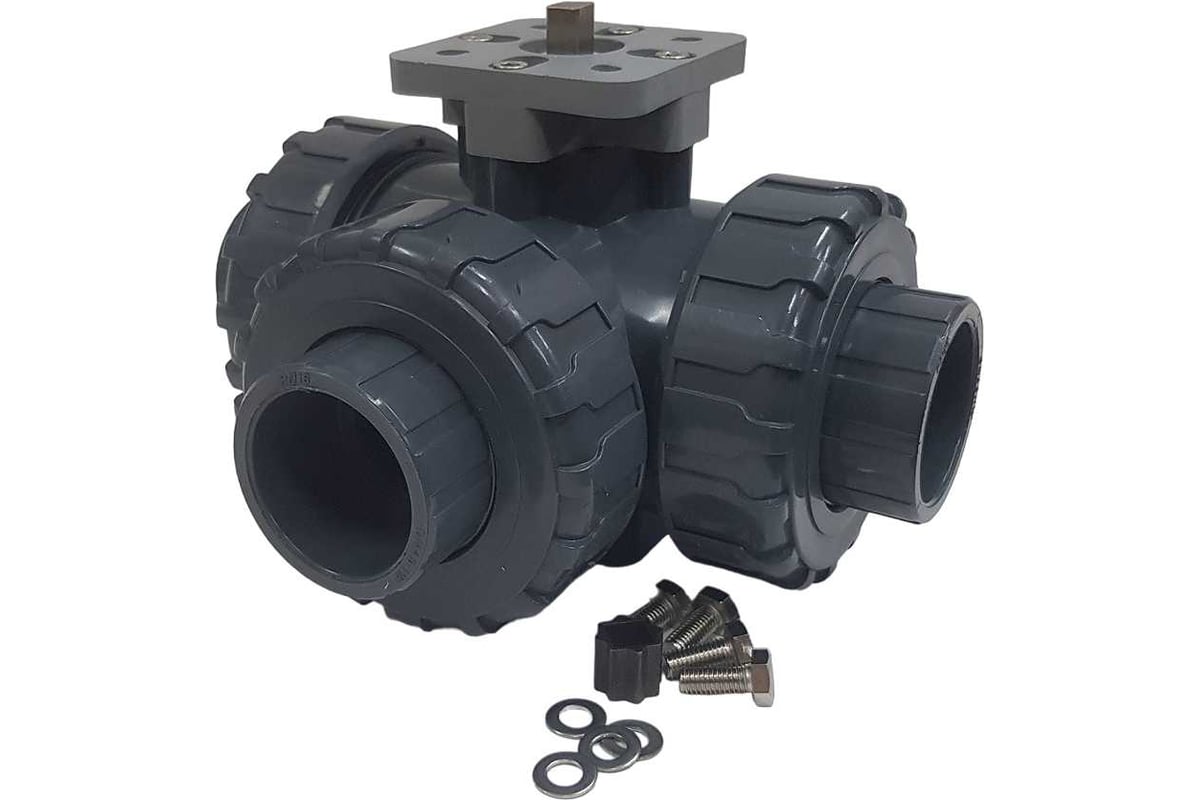 Трехходовой шаровой кран TECHNO 3040T-PVC ПВХ под привод DN40, рабо...