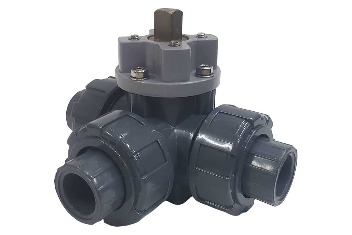 Трехходовой шаровой кран ПВХ под привод TECHNO 3015T-PVC DN15, рабо...