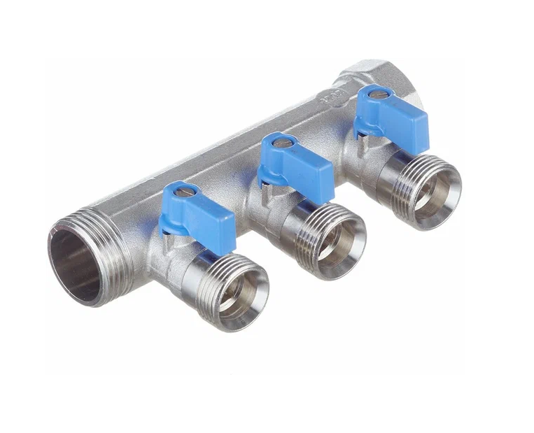 Коллектор 1" с синими шар.кранами, 3/4"НР под евроконус, 1" - 3xEK14,16,18,20