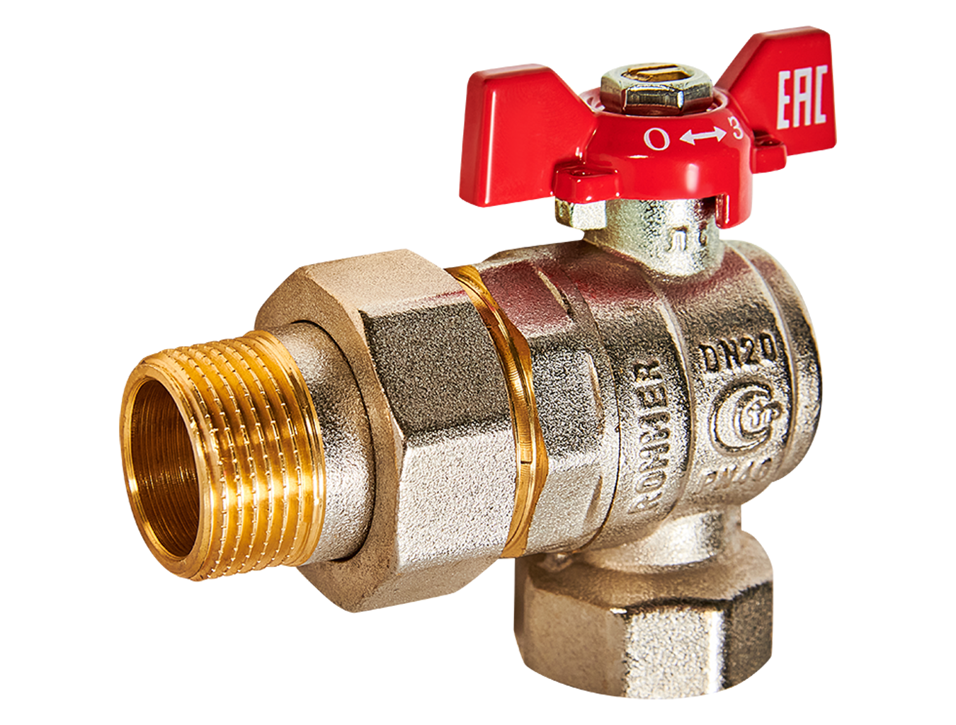 Кран шаровой ROMMER, RBV, 3/4", ручка бабочка, угловой с американко...