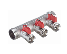 Коллектор 1" с красными шар.кранами, 3/4"НР под евроконус, 1" - 3xEK14,16,18,20