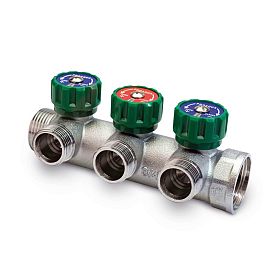 Коллектор латунный PRO AQUA с регулировочными вентилями 3 выхода, 3/4x1/2